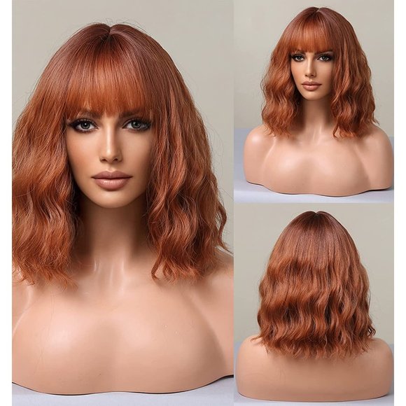 Shoulder Length Bob Ginger Copper Wig With Bangs - Picture 2 of 7